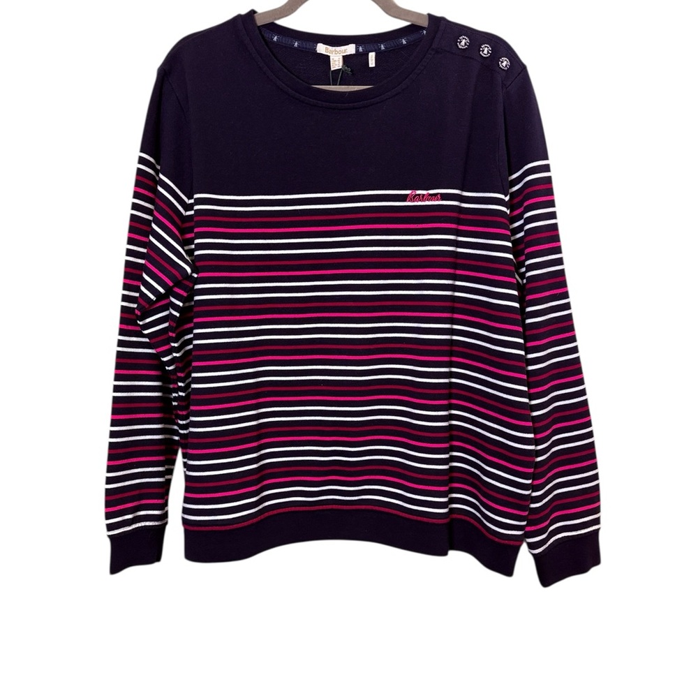 Barbour Coastal Collection Cotton Navy and Pink Striped Crew Neck Sweater sz 10